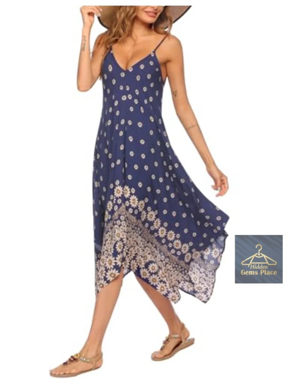 Flowy Spaghetti Strap Midi Cover Up Dress with V-Neck & High-Low Hem